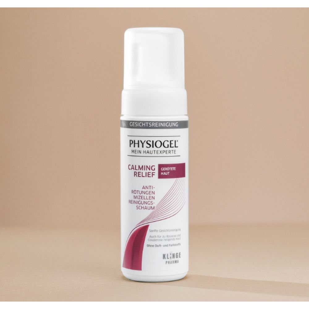 Flacon blanc avec texte. PHYSIOGEL Calming Relief Anti-Rougeurs Mousse Nettoyante Micellaire. Klinge Pharma.