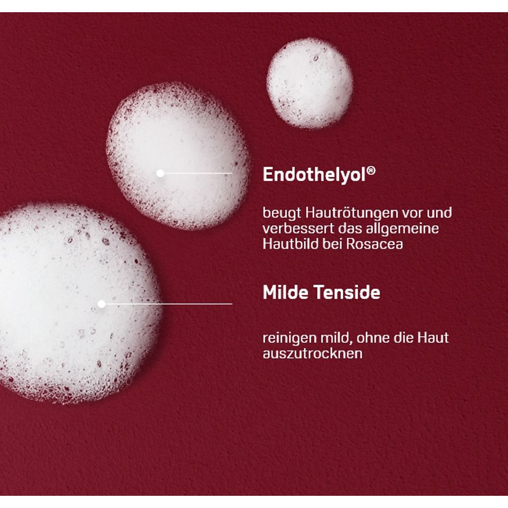 Gros plan sur la mousse. Texte: Endothelyol, prévient les rougeurs. Tensioactifs doux nettoient en douceur.