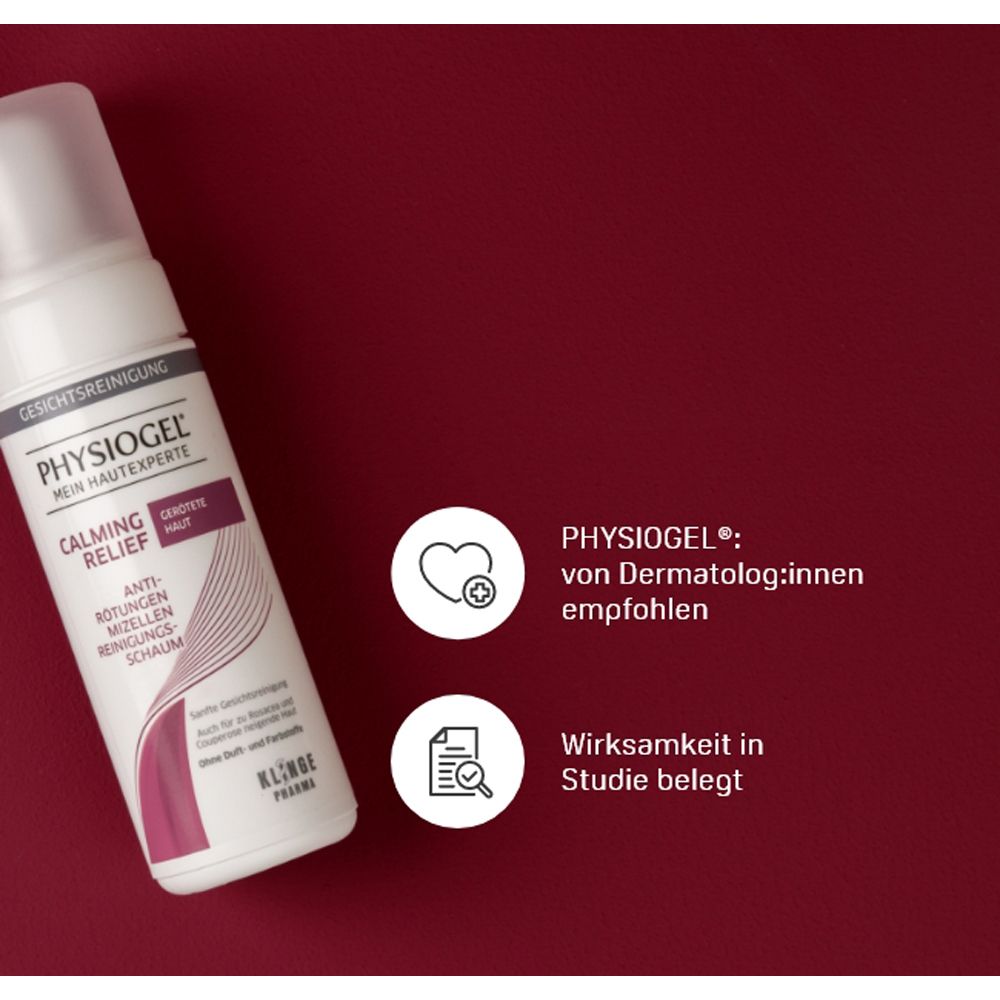 Flacon blanc avec texte. PHYSIOGEL Calming Relief. Texte: recommandé par les dermatologues, efficacité prouvée par étude.