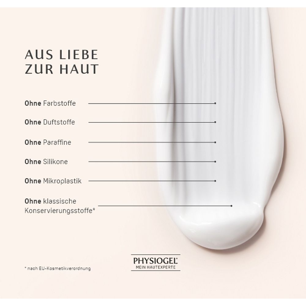 Texte du produit: Sans colorants, parfums, paraffines, silicones, microplastiques, conservateurs classiques. PHYSIOGEL.