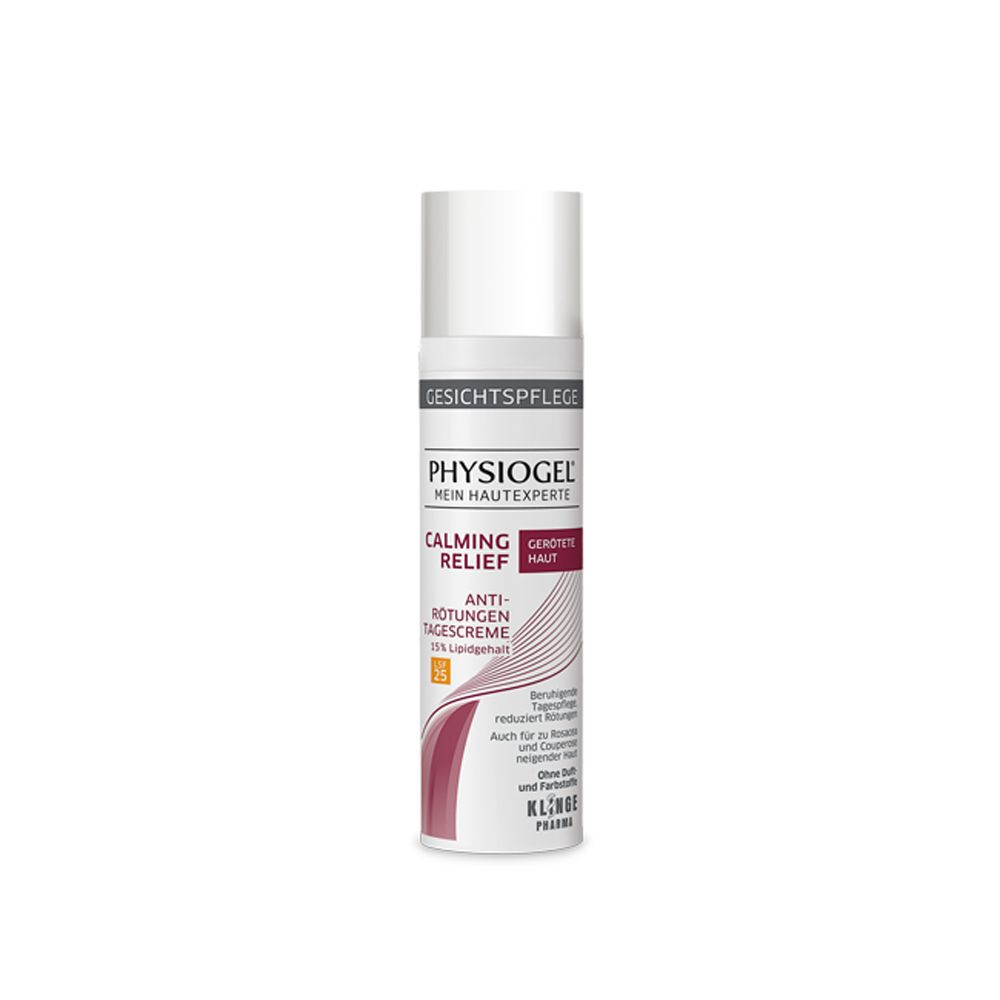Weiße Tube mit Aufschrift Physiogel, Calming Relief, Anti-Rötungen Tagescreme LSF25. Gesichtspflege.