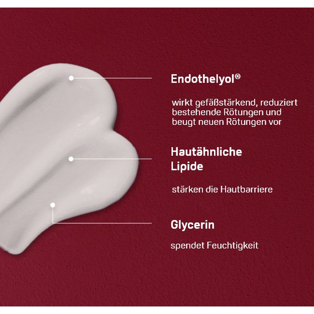 Creme-Textur mit Text: Endothelyol, Hautähnliche Lipide, Glycerin. Roter Hintergrund.