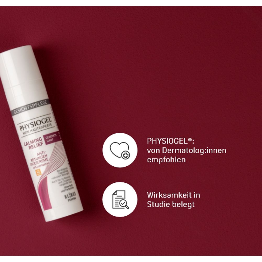 Weiße Tube Physiogel Calming Relief Anti-Rötungen Tagescreme. Text: Dermatologen empfohlen, Wirksamkeit in Studie belegt.