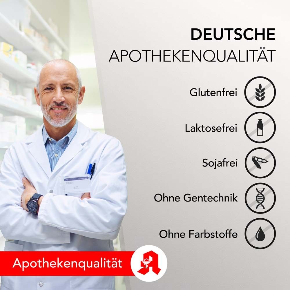 Arzt mit Kreuzarmhaltung. Text: Glutenfrei, laktosefrei, sojafrei, ohne Gentechnik, ohne Farbstoffe.