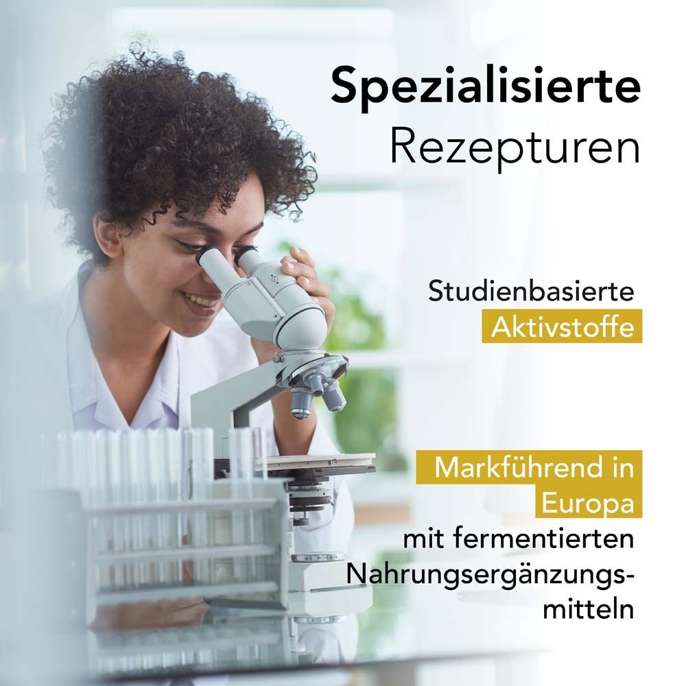 Frau mit Mikroskop. Text: Studienbasierte Wirkstoffe, marktführend in Europa mit fermentierten Nahrungsergänzungsmitteln.