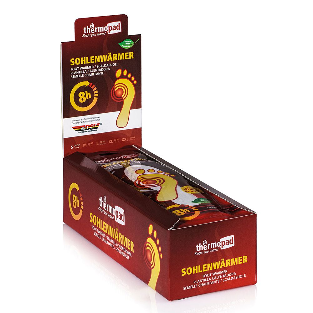Verkaufsdisplay mit Sohlenwärmern. Rote Verpackung mit Produktnamen und Fuß-Illustration. Marke: thermopad. 8h-Symbol.
