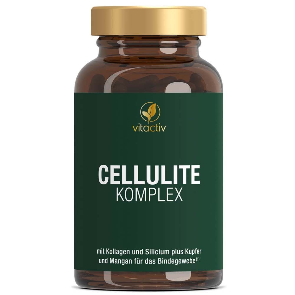 Braune Flasche mit goldfarbenem Deckel. Aufschrift CELLULITE KOMPLEX. Marke vitactiv.