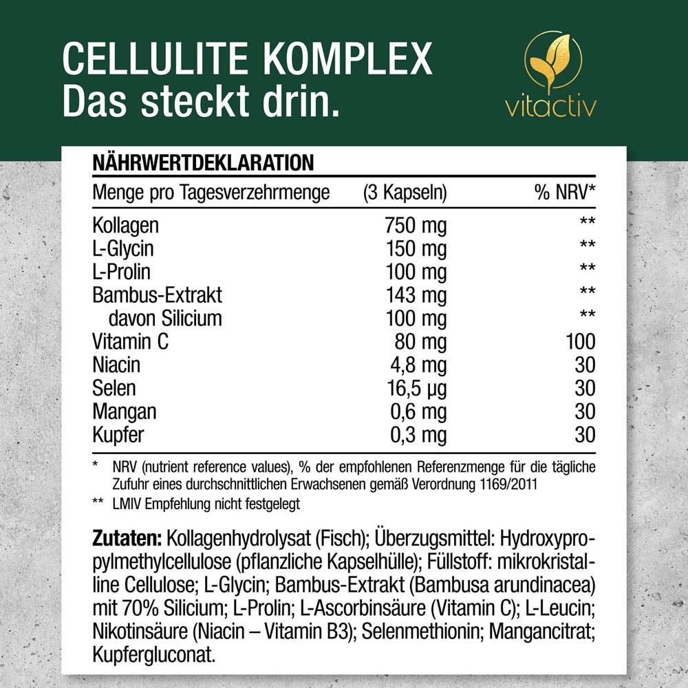 Nährwertdeklaration. Auflistung von Inhaltsstoffen wie Kollagen, Vitamin C, Selen.