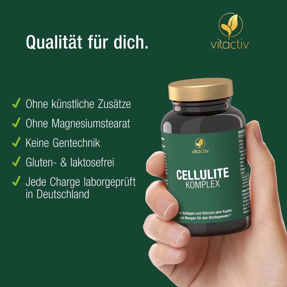 Hand hält Flasche CELLULITE KOMPLEX. Aufschrift: Ohne künstliche Zusätze, Gentechnik, etc.