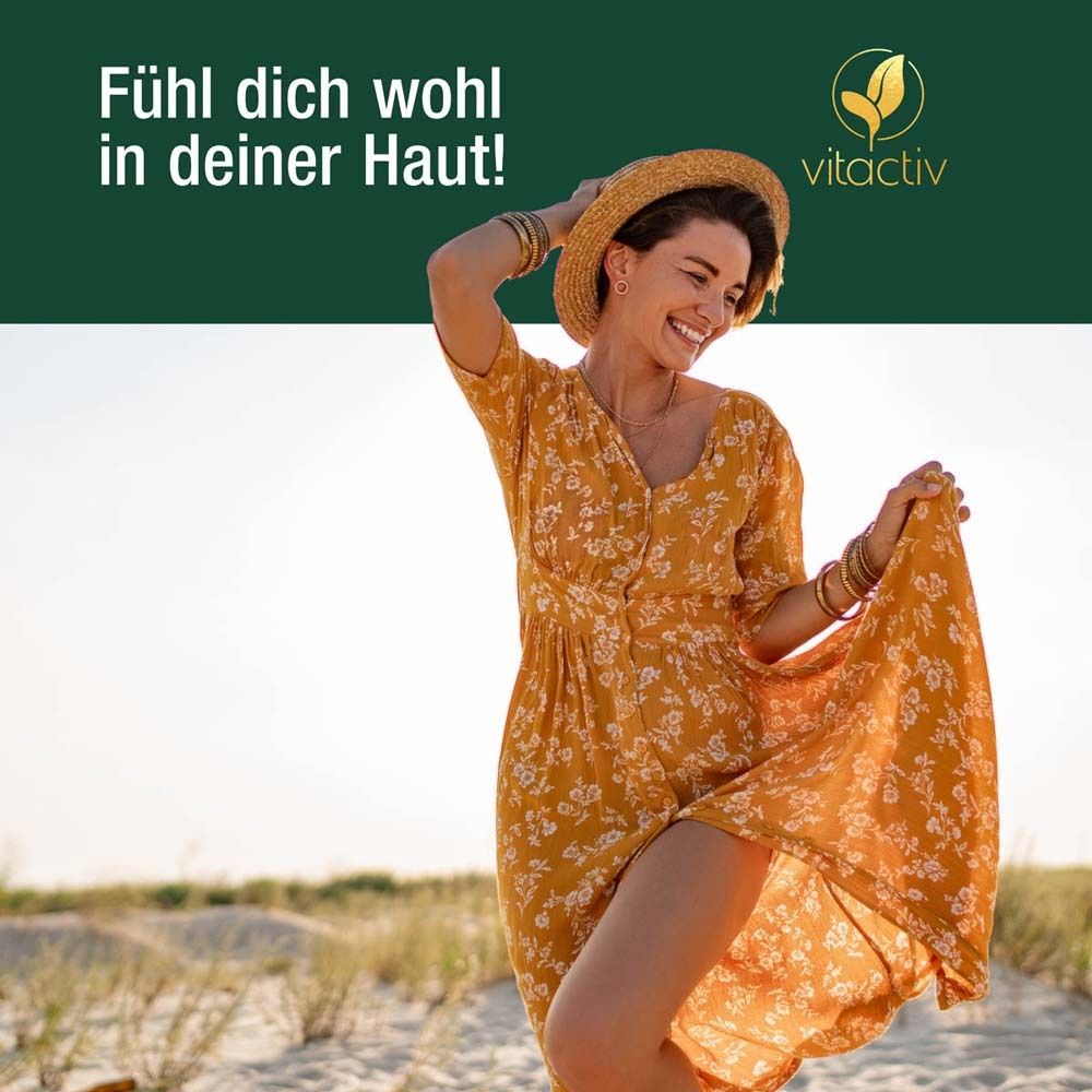 Frau am Strand, trägt Kleid. Text: Fühl dich wohl in deiner Haut!