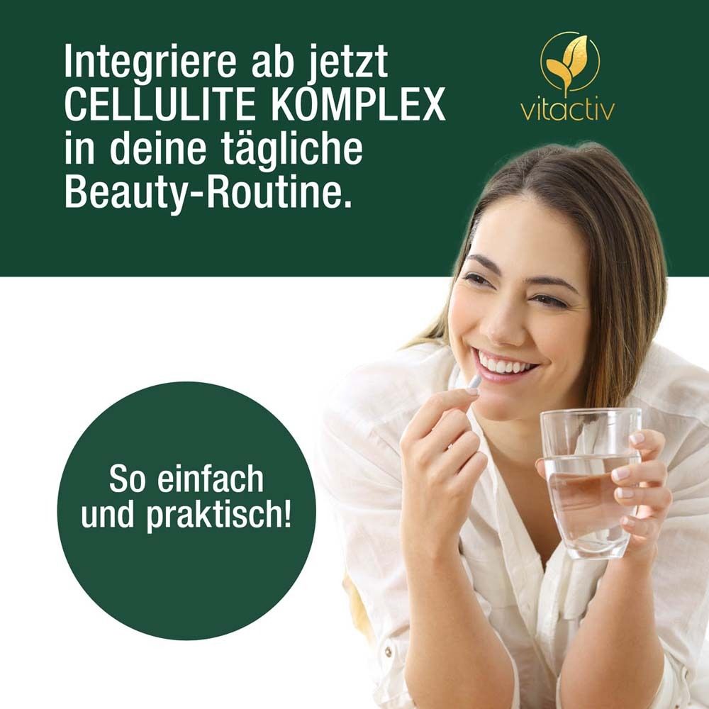 Frau nimmt Kapsel mit Wasser ein. Text: Integriere CELLULITE KOMPLEX in deine Beauty-Routine.