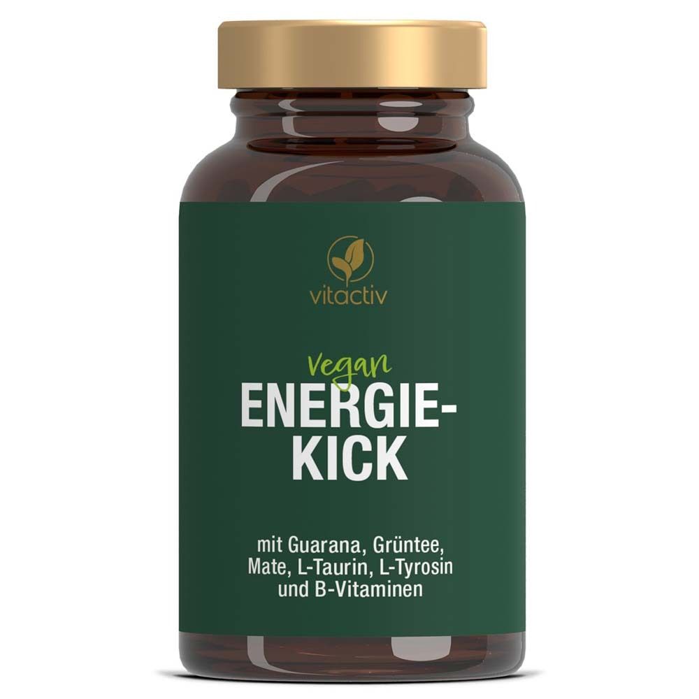 Flacon brun avec texte vert : Vegan ENERGIE-KICK. Contient guarana, thé vert, maté, L-taurine, L-tyrosine, vitamines B.