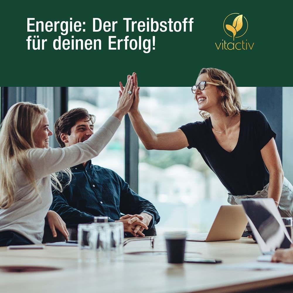 Trois personnes se font un high five. Texte : L'énergie : le carburant de votre succès ! Logo vitactiv.