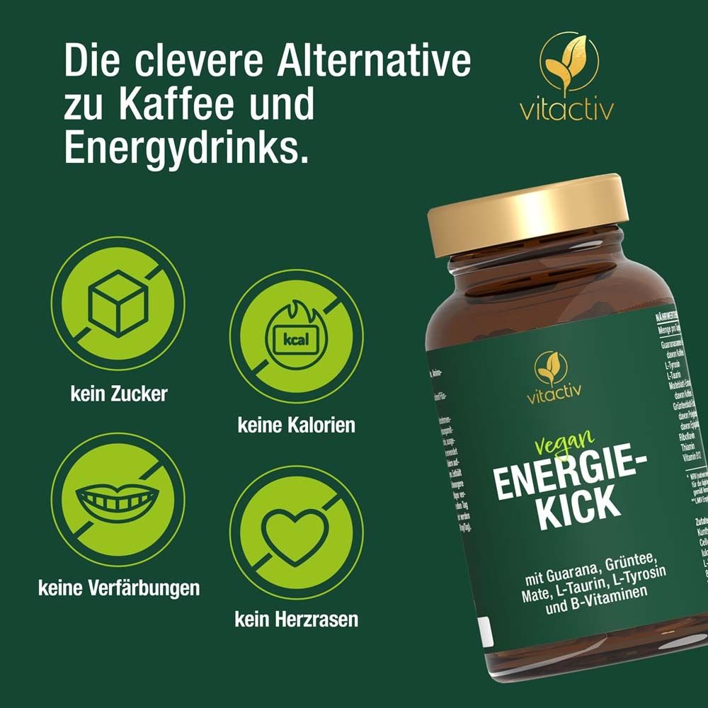 Flacon brun avec texte vert : Vegan ENERGIE-KICK. Quatre icônes vertes : pas de sucre, pas de calories, pas de décoloration, pas de palpitations.