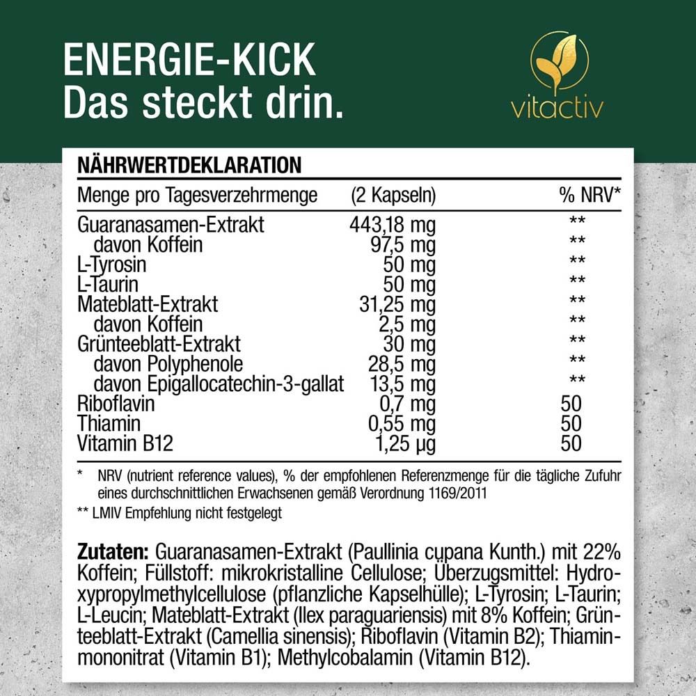 Déclaration nutritionnelle pour ENERGIE-KICK. Ingrédients : Extrait de graines de guarana, caféine, L-tyrosine, L-taurine, extrait de feuilles de maté, extrait de thé vert.