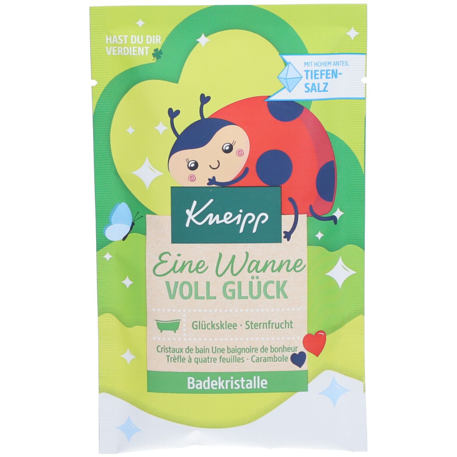 Sachet de cristaux de bain Kneipp. Illustration coccinelle et texte 'Eine Wanne voll Glück'.