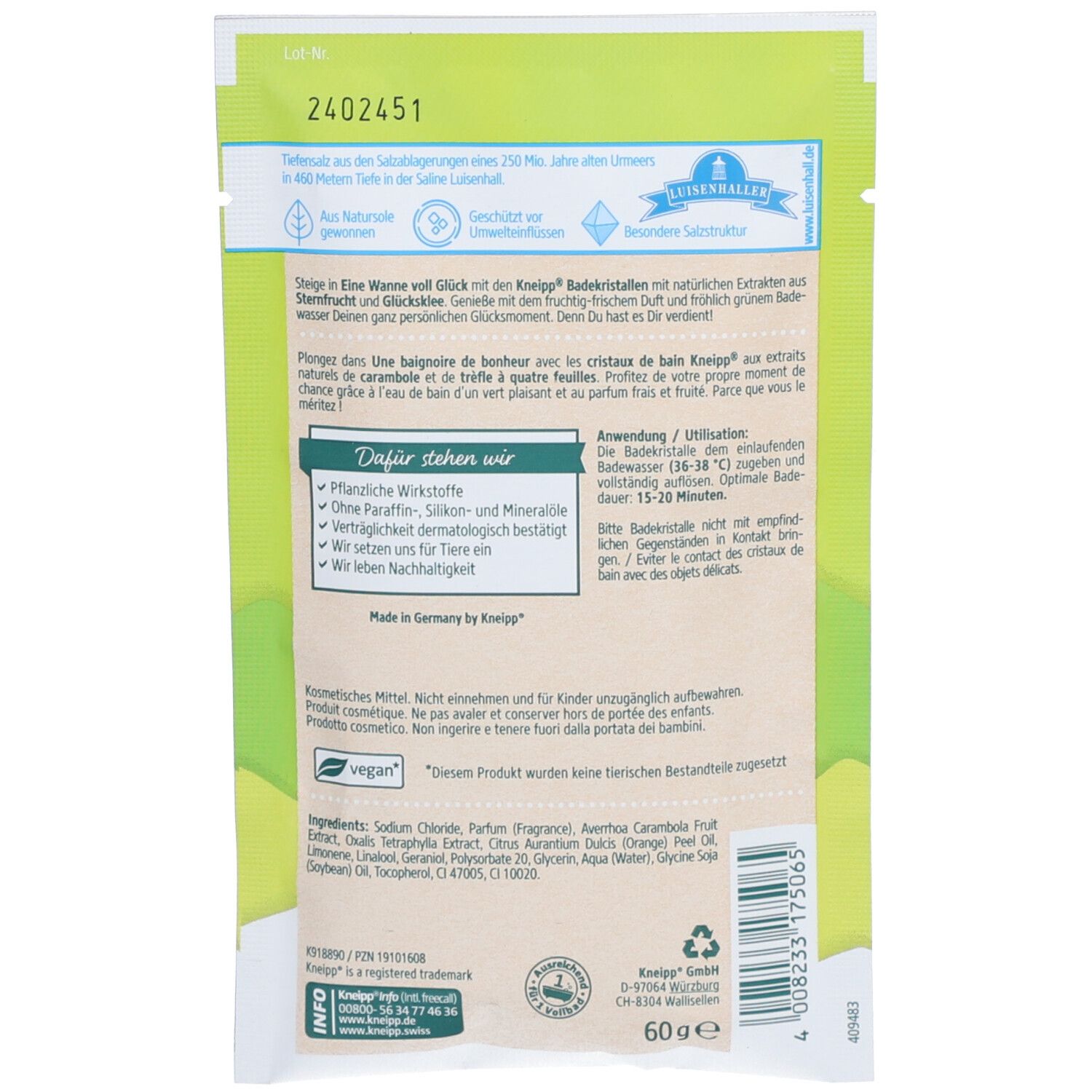 Dos du sachet de cristaux de bain Kneipp avec texte et ingrédients. Label vegan.
