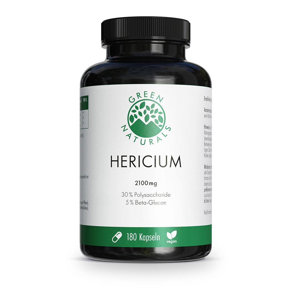 Schwarze Dose mit GREEN NATURALS HERICIUM Kapseln, 2100mg, 180 Kapseln, vegan.