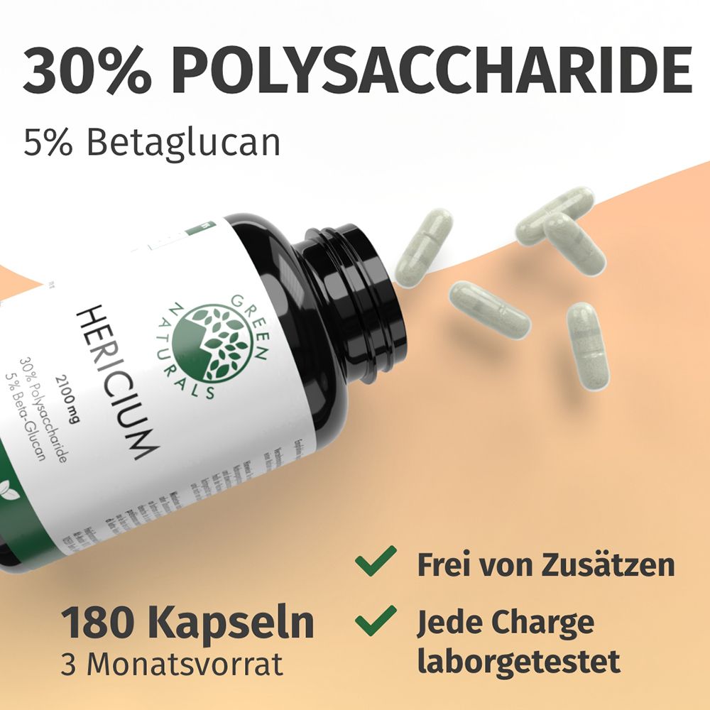 Dose GREEN NATURALS HERICIUM, 180 Kapseln, 30% Polysaccharide, 5% Betaglucan. Frei von Zusätzen, laborgetestet.