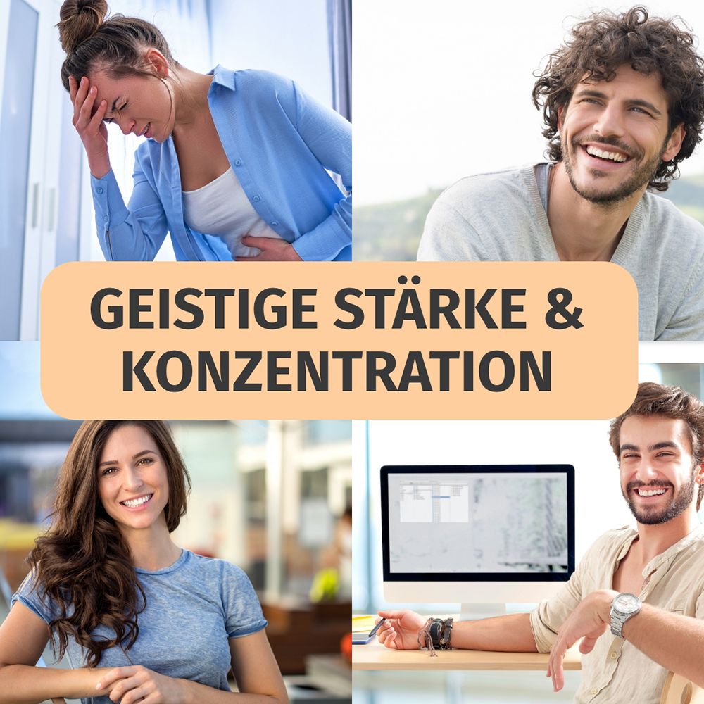 Collage mit Menschen, die geistige Stärke und Konzentration zeigen. Produktbezogen.