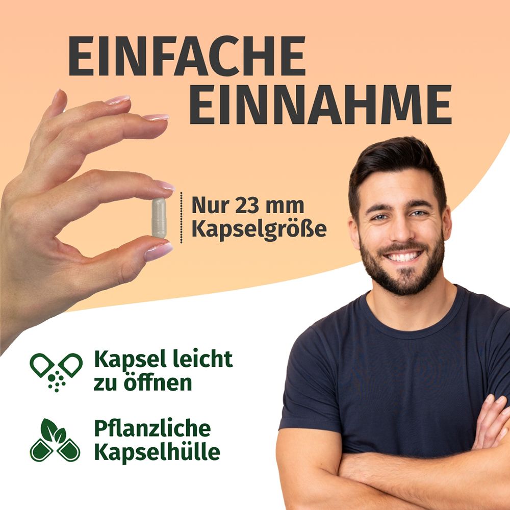 Hand zeigt Kapselgröße (23mm). "Einfache Einnahme". Pflanzliche Kapselhülle.