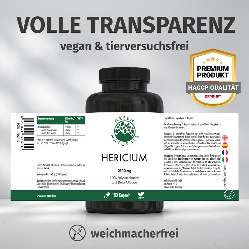 Dose GREEN NATURALS HERICIUM mit Etikett. "Volle Transparenz", "vegan & tierversuchsfrei". Premium Produkt, HACCP Qualität.