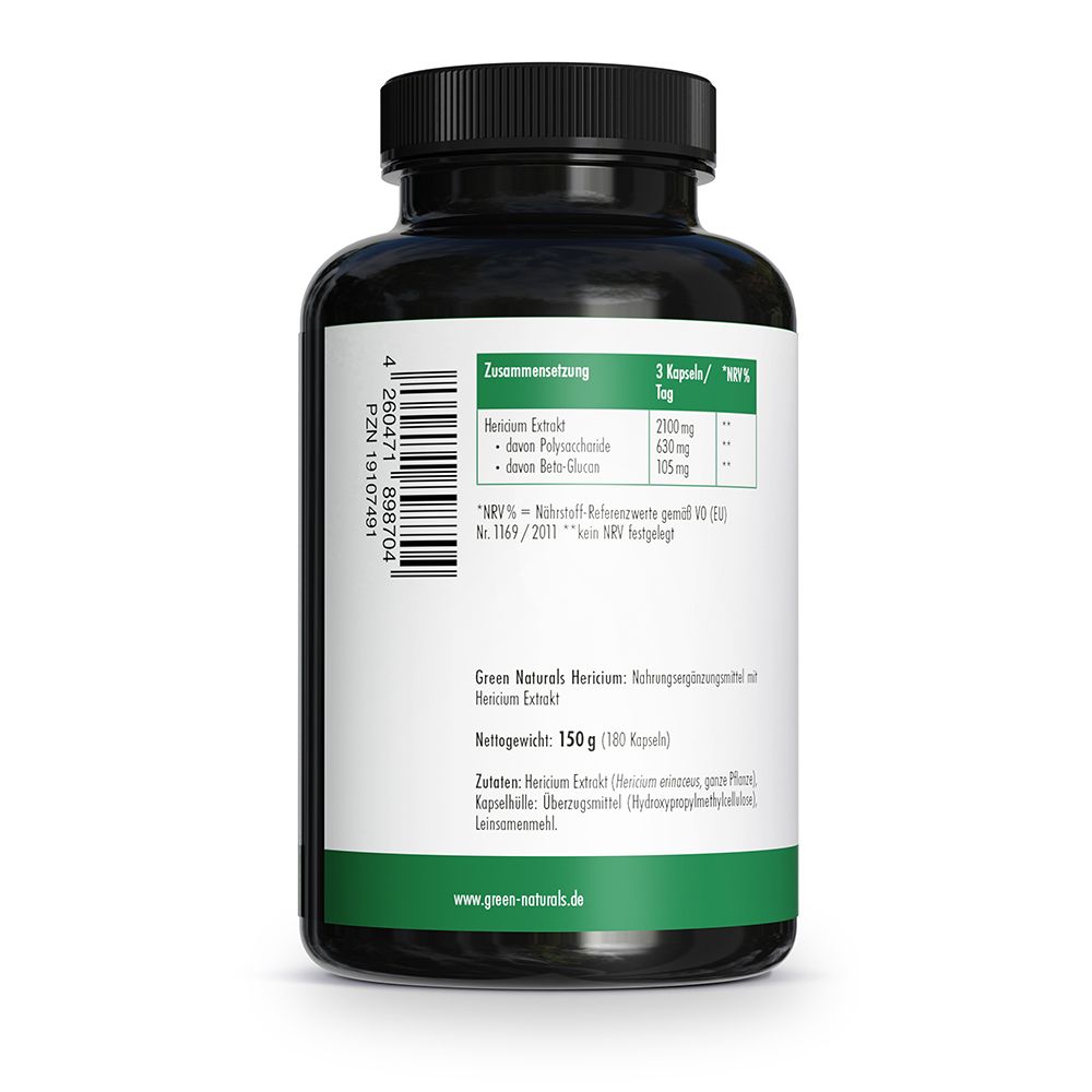Rückseite der Dose HERICIUM mit Nährwertangaben: 2100mg Hericium Extrakt pro 3 Kapseln.