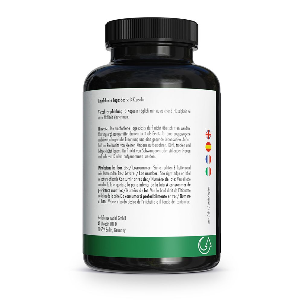 Rückseite der Dose HERICIUM mit Einnahmeempfehlung und Hinweisen in mehreren Sprachen.