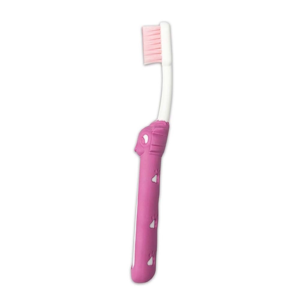 Brosse à dents rose pour enfants. Tête blanche, manche rose avec empreintes de pattes. Marque Carebrush Kids.