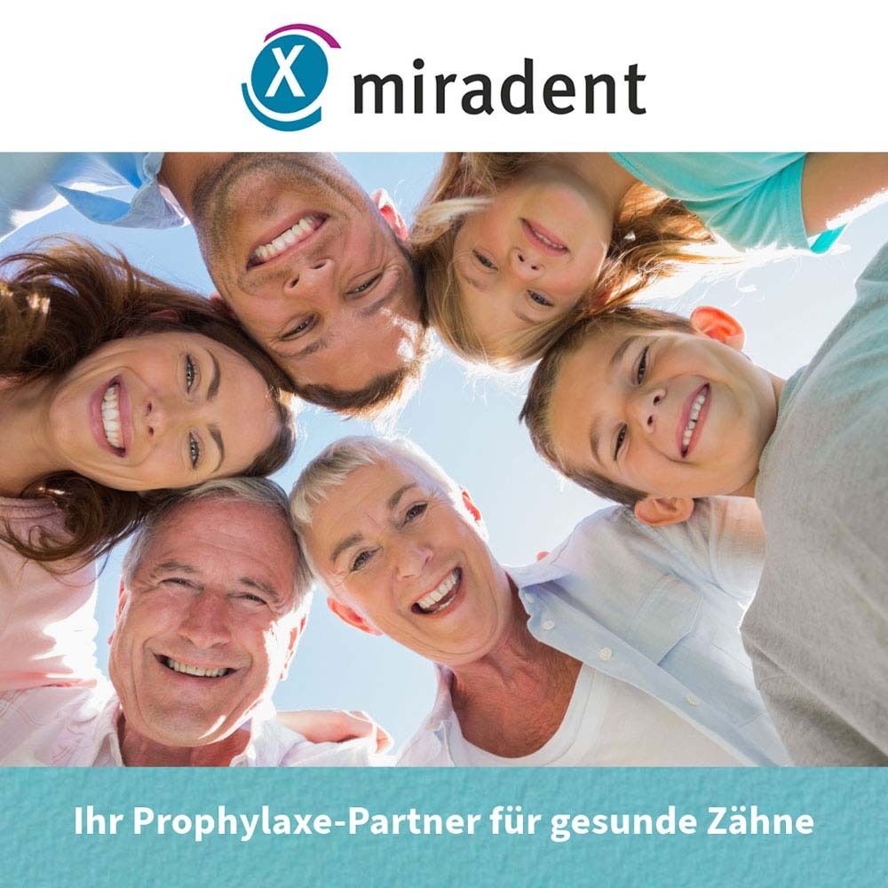 Familie lächelt in die Kamera. Logo Miradent. Text: Ihr Prophylaxe-Partner für gesunde Zähne.