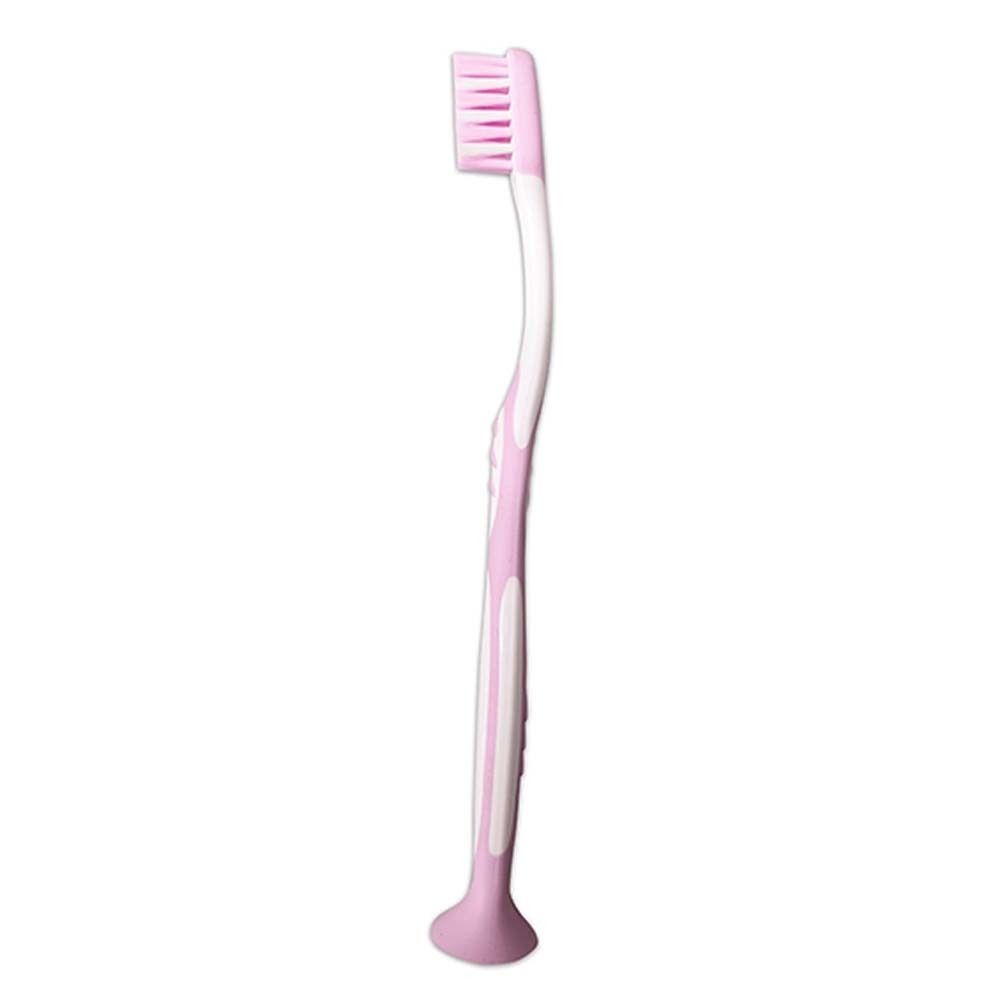 Brosse à dents Carebrush Junior, rose. Manche blanc avec accents roses. Tête de brosse inclinée. Logo Miradent non visible.