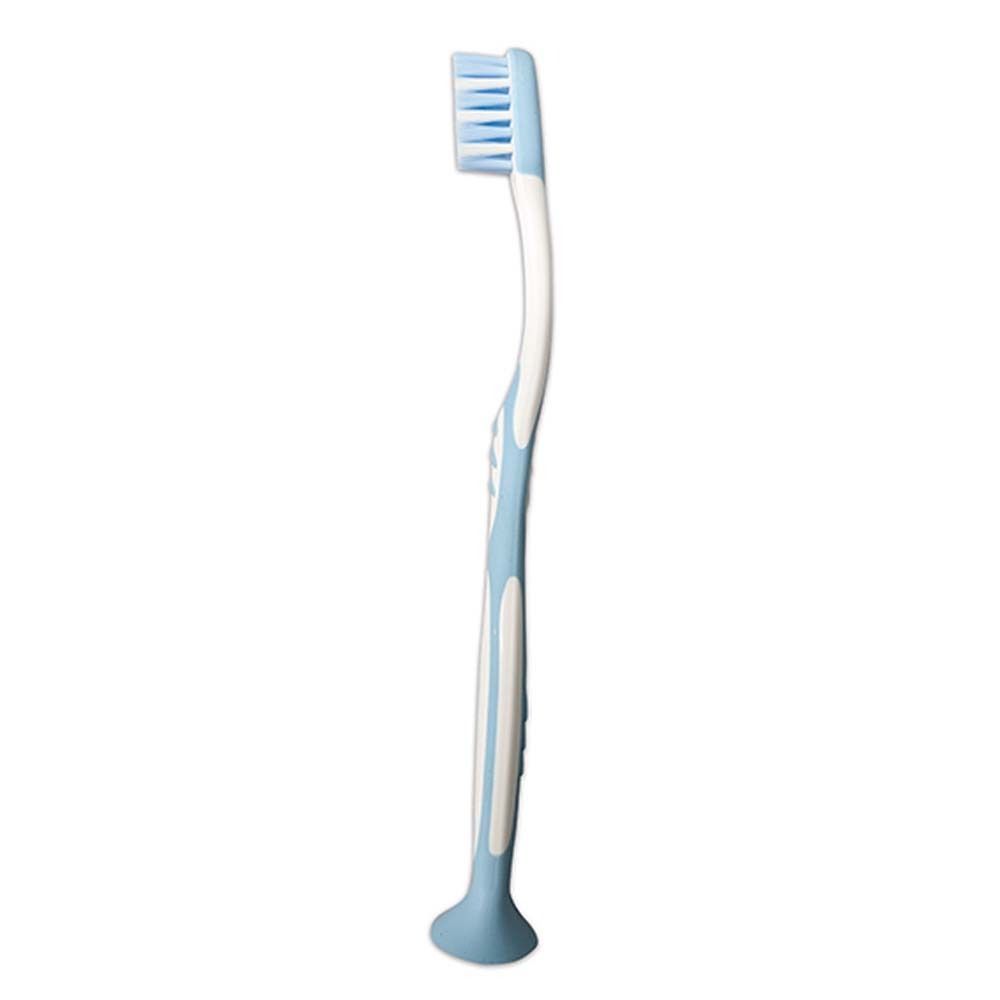 Carebrush Junior Zahnbürste, Seitenansicht. Weiß-blauer Griff, gebogener Bürstenkopf. Blaue Borsten.