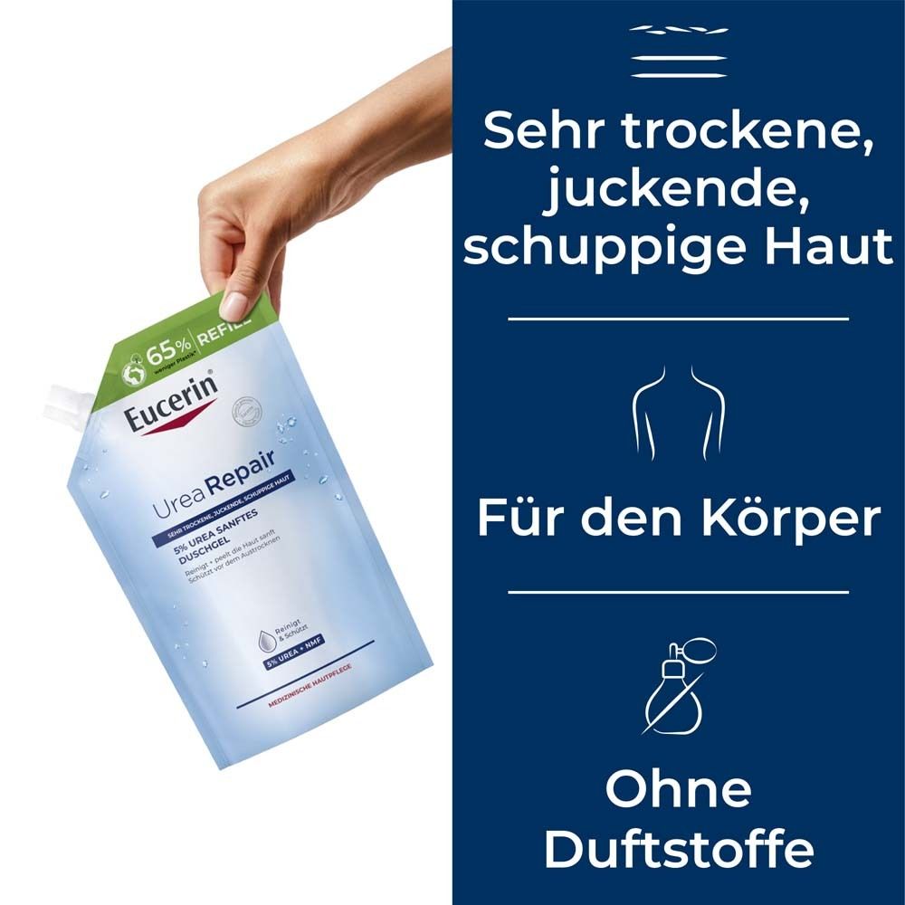 Main tenant une recharge de Eucerin UreaRepair 5% Urea Gel douche doux. Texte : Peau très sèche, Pour le corps, Sans parfum.
