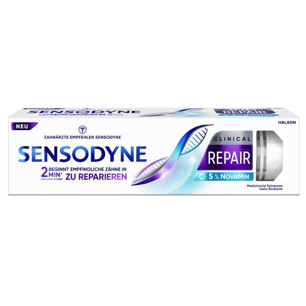 Tube et emballage de dentifrice Sensodyne Clinical Repair, 5% NovaMin. Tube blanc, éléments bleus et violets.