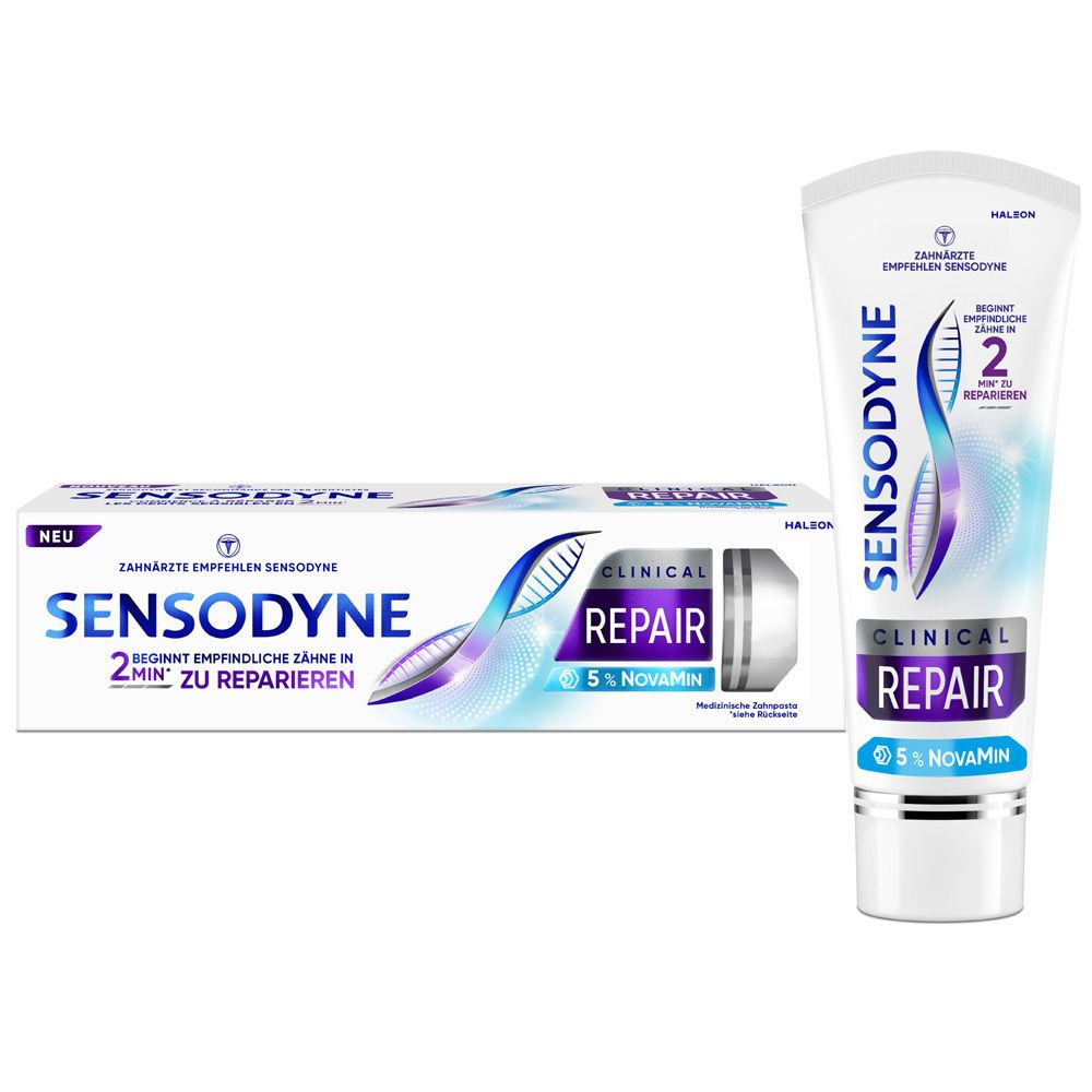 Tube et emballage de dentifrice Sensodyne Clinical Repair, 5% NovaMin. Tube et boîte côte à côte.