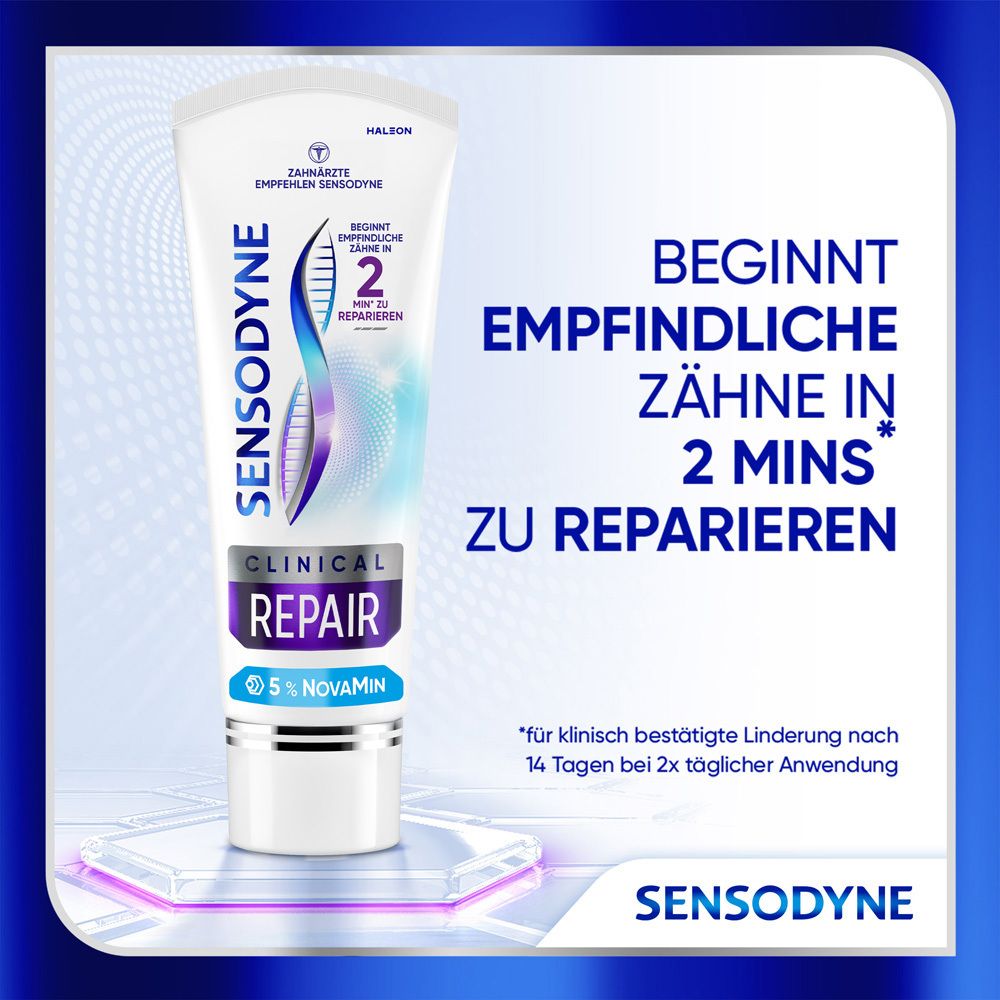 Tube de dentifrice Sensodyne Clinical Repair, 5% NovaMin. Éléments bleus et violets. Texte: Répare les dents sensibles en 2 min.