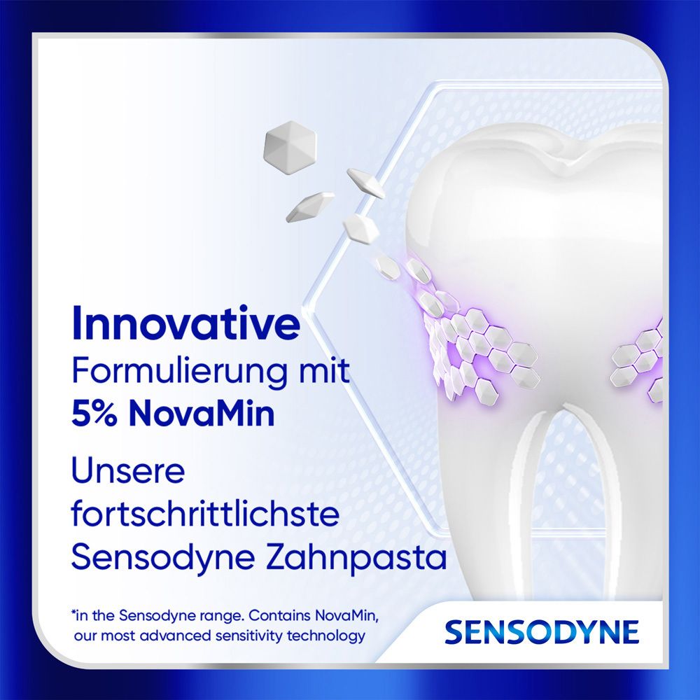 Modèle de dent avec particules NovaMin. Texte: Formule innovante avec 5% NovaMin. Dentifrice Sensodyne le plus avancé.