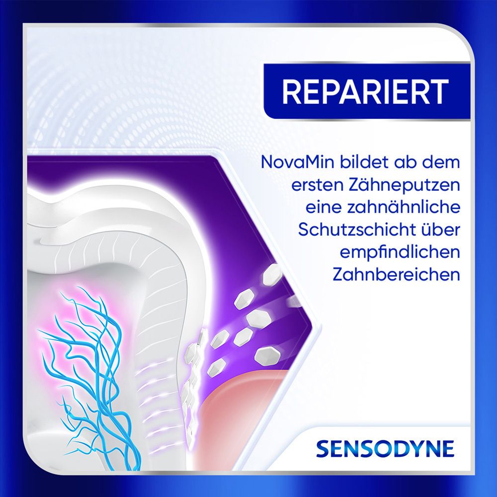 Modèle de dent avec NovaMin. Texte: NovaMin forme une couche protectrice semblable à l'émail. Sensodyne Clinical Repair.