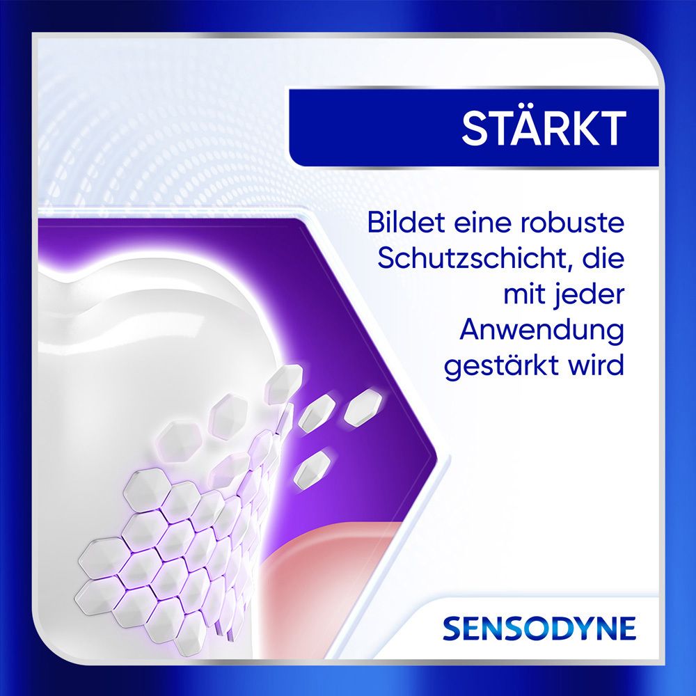 Modèle de dent. Texte: Forme une couche protectrice robuste, renforcée à chaque utilisation. Sensodyne.