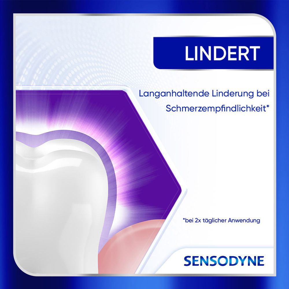 Modèle de dent. Texte: Soulagement durable de la sensibilité. Sensodyne.
