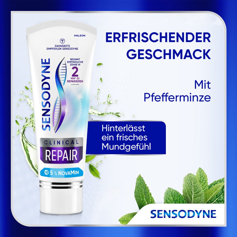 Tube de dentifrice Sensodyne Clinical Repair. Texte: Goût rafraîchissant à la menthe poivrée. Sensation de fraîcheur en bouche.