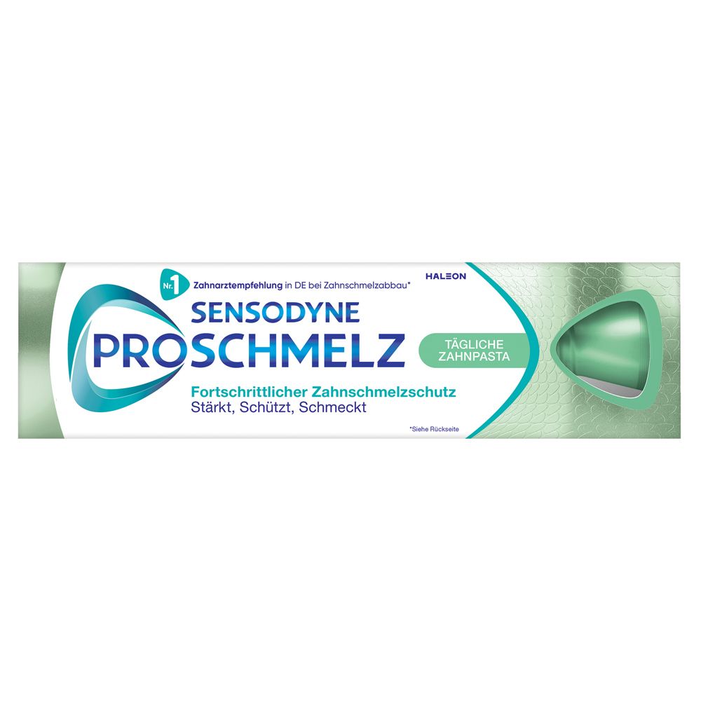 Tube de dentifrice Sensodyne ProSchmelz. Dentifrice quotidien. Vert et blanc.