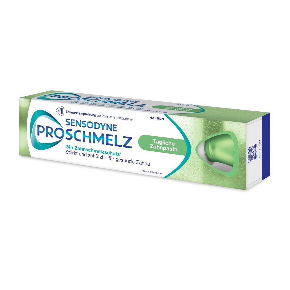 Sensodyne ProSchmelz Zahnpasta für gesunde Zähne. Grüne Verpackung mit Darstellungen von Zähnen.