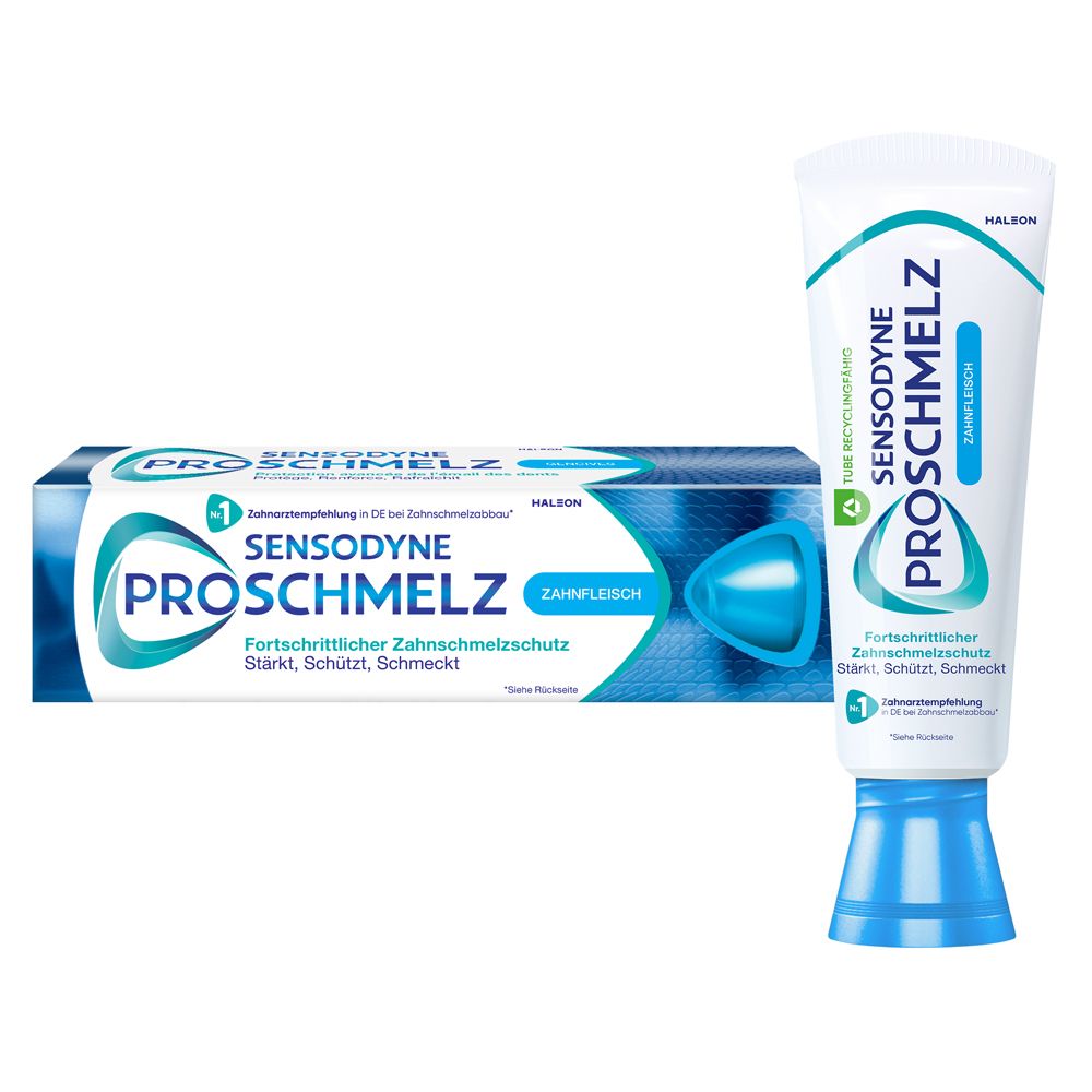 Zahnpasta-Tube und -Schachtel. Sensodyne ProSchmelz. Blaue Verpackung mit Produktnamen und Logo.