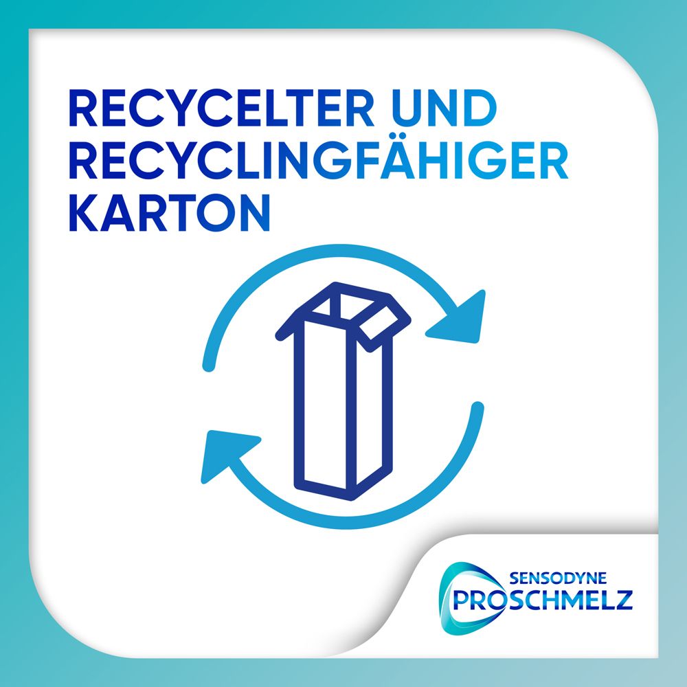 Blauer Hintergrund mit Text: Recycelter und recyclingfähiger Karton. Pfeile um eine Schachtel.