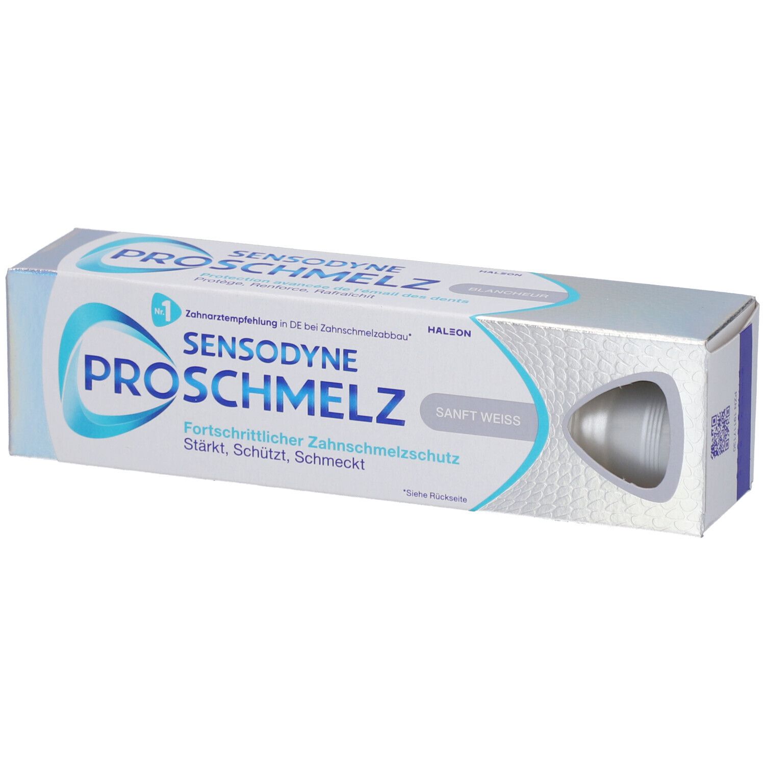 Emballage de dentifrice Sensodyne ProSchmelz, blanc doux. Boîte avec image du produit et texte.