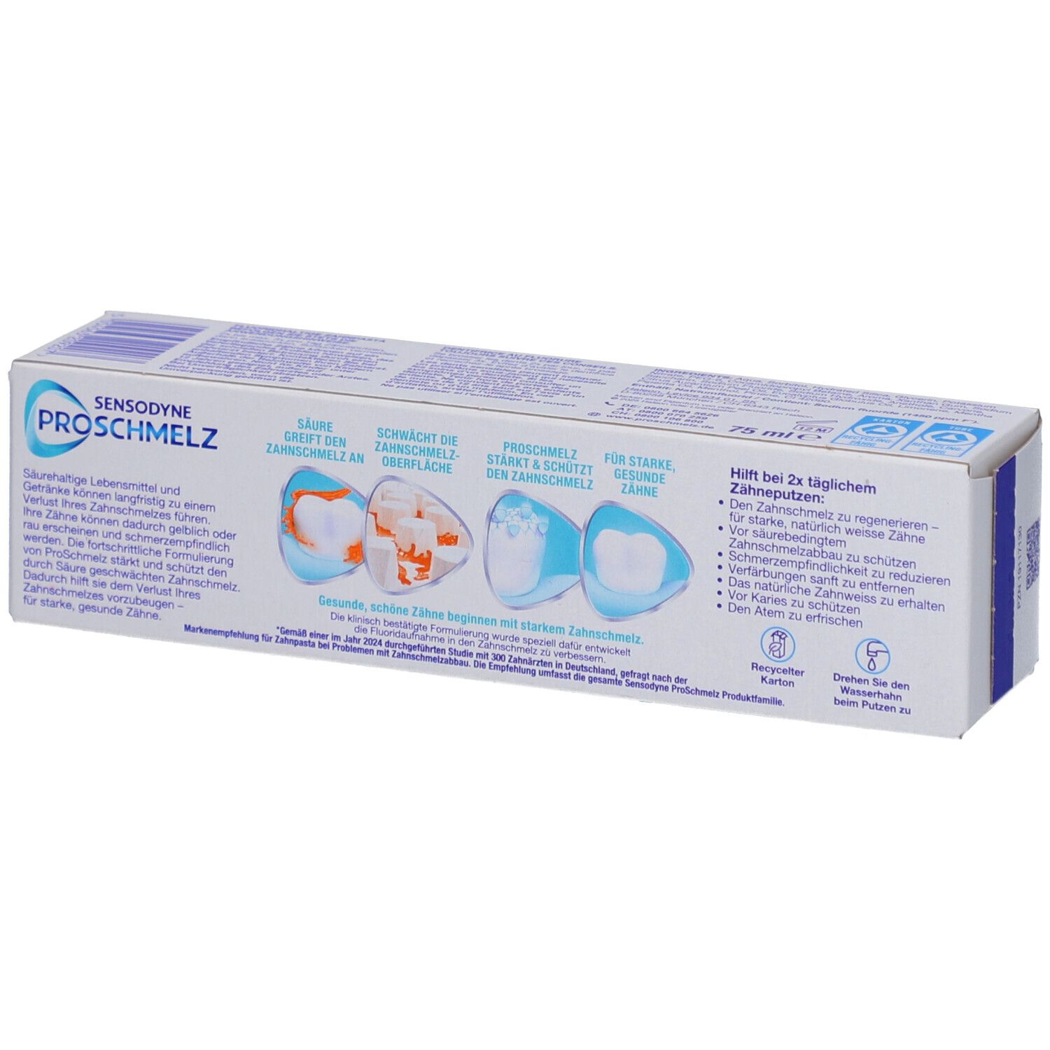 Dos de l'emballage de dentifrice Sensodyne ProSchmelz. Texte et illustrations des caractéristiques.