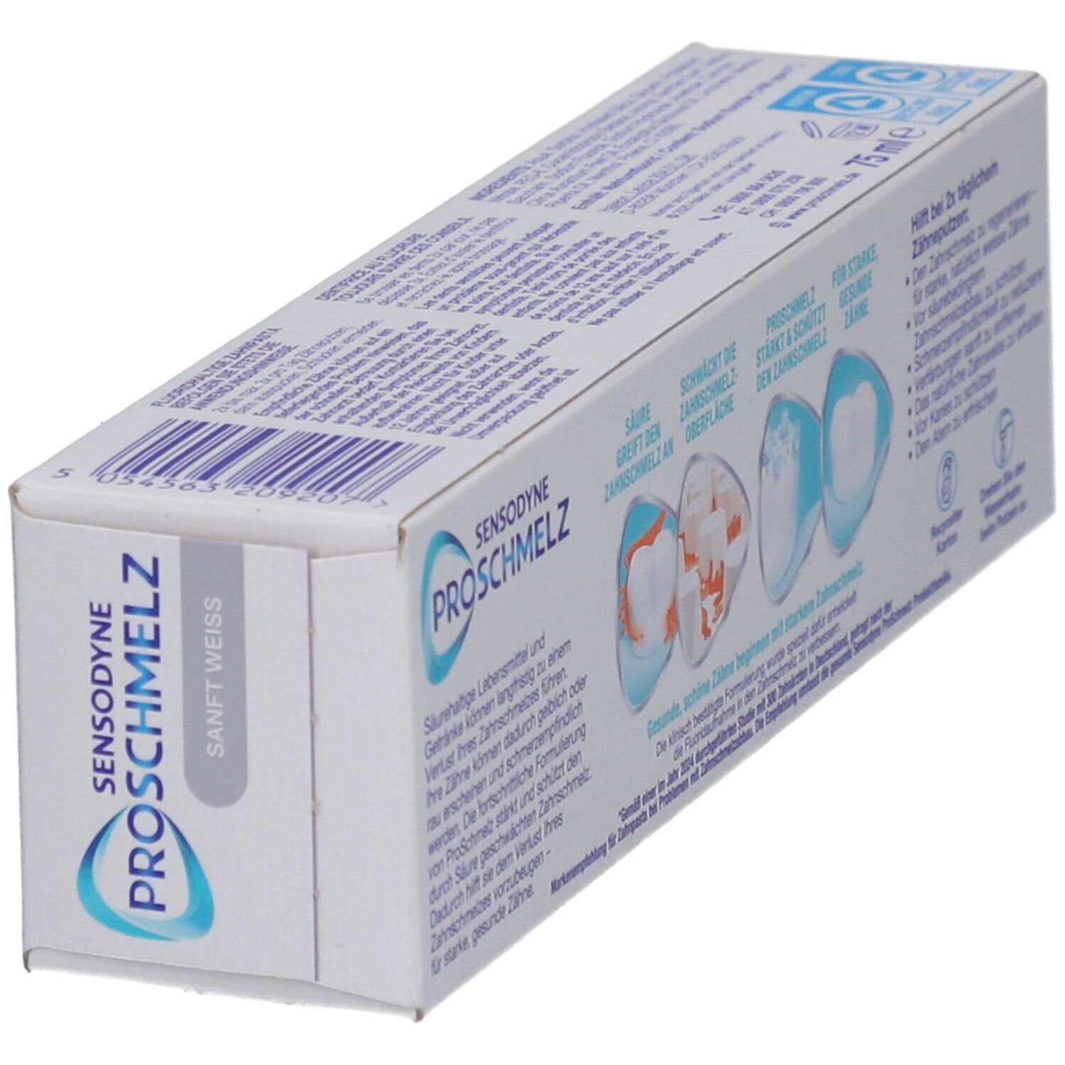 Dos incliné de l'emballage de dentifrice. Sensodyne ProSchmelz. Texte et illustrations.