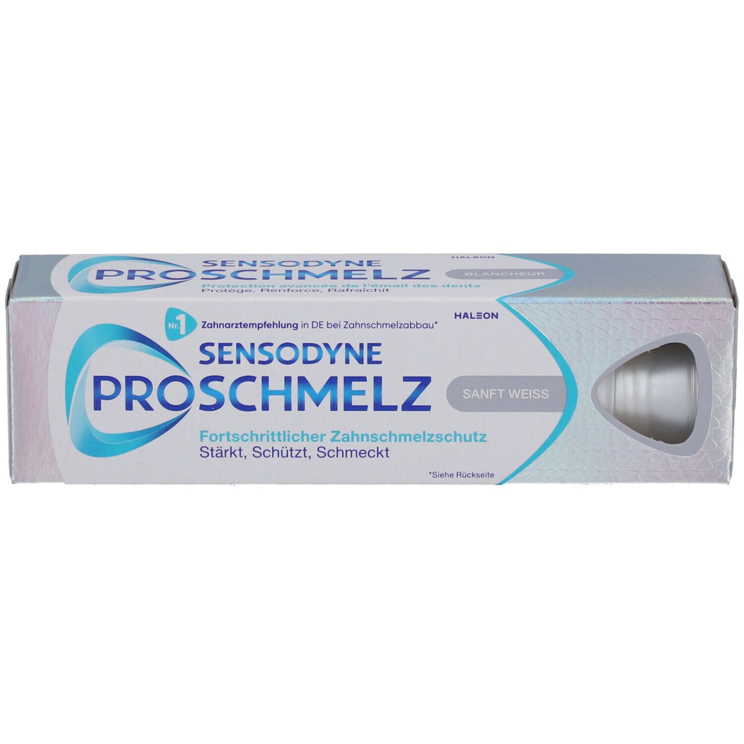 Emballage de dentifrice Sensodyne ProSchmelz, blanc doux. Boîte avec image et texte.