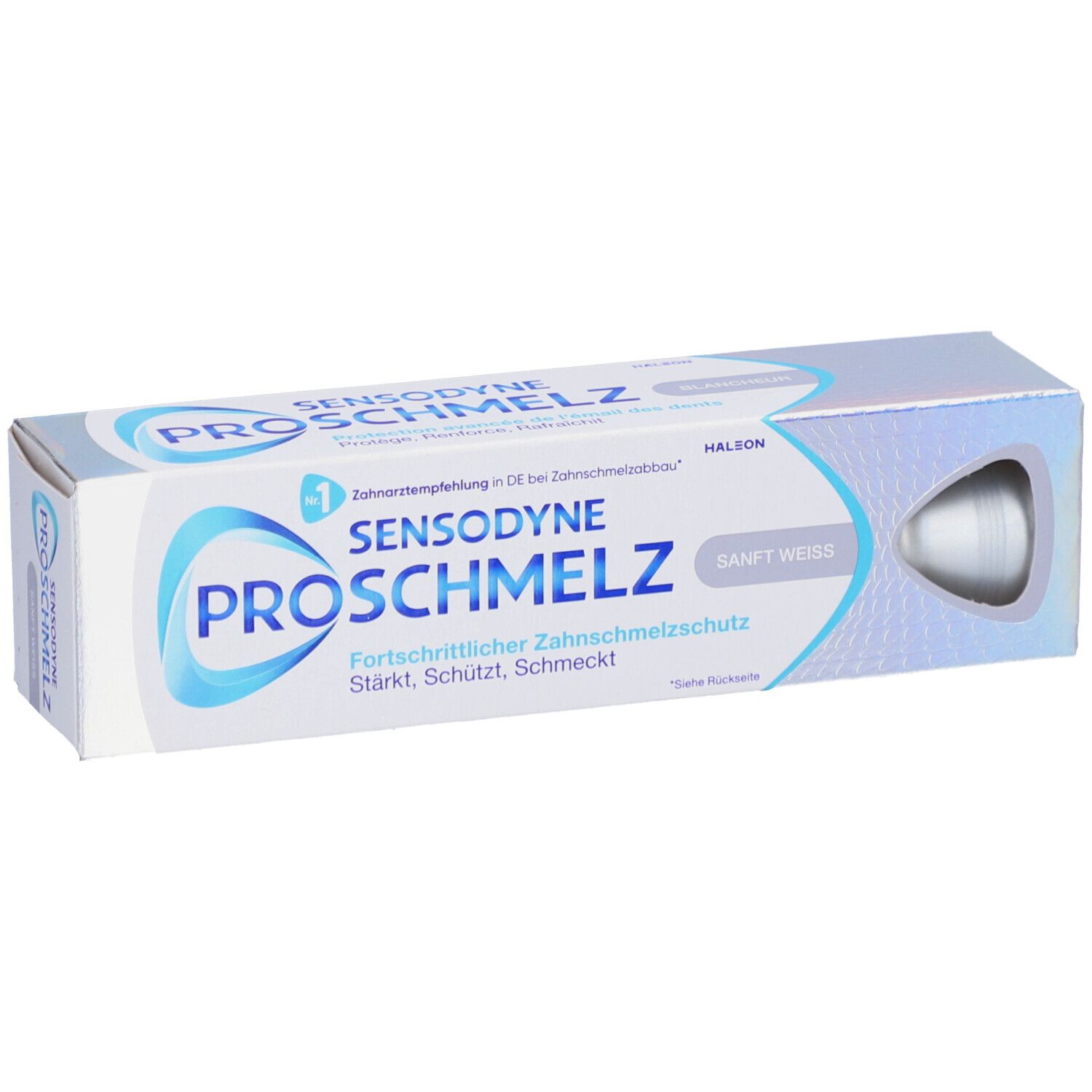 Emballage de dentifrice Sensodyne ProSchmelz, blanc doux. Boîte avec image et texte.